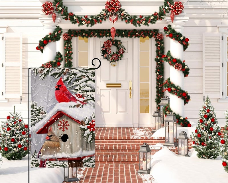 BLKWHT Winter Cardinal Bird Garden Flag 12x18 Vertical Double Sided Trees Snow Christmas Holiday Outside Decorations Burlap Yard Flag BW735 - Image 2